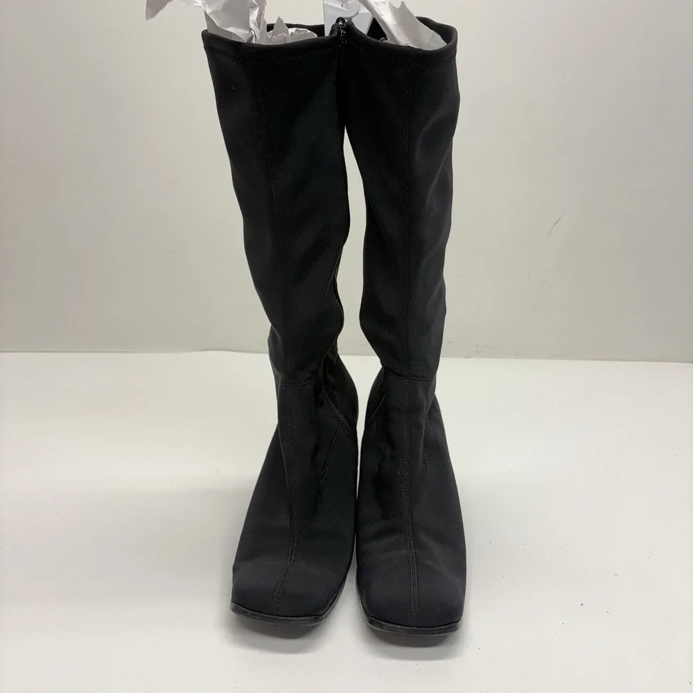 Wesley & Co Vintage 90s Y2K Black Sock Boots Knee High Square Toe Chunky Heel 6 - Picture 4 of 12